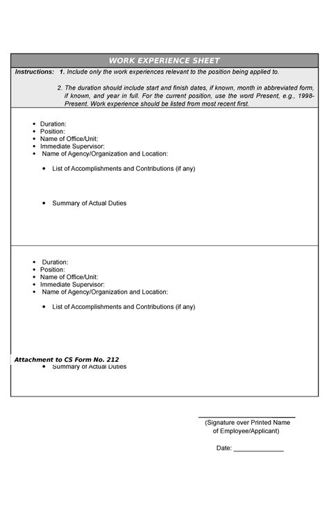 csc form 212 work experience sheet|Civil Service Commission (CSC).